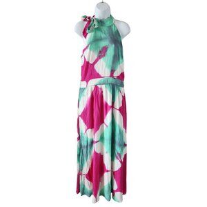Busayo Collective Halter Neck Tie-Dye Maxi Dress Size 8 Sleeveless Pink & Green